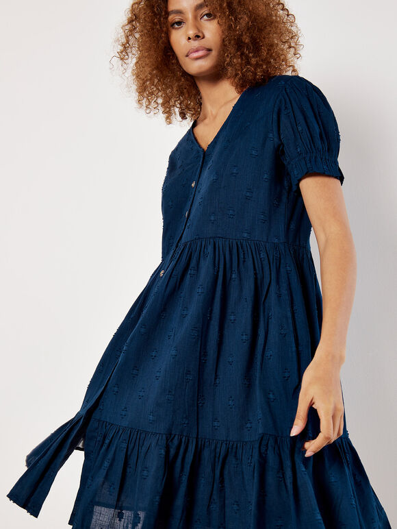 Cotton Blend Dobby Mini Dress, Navy, large