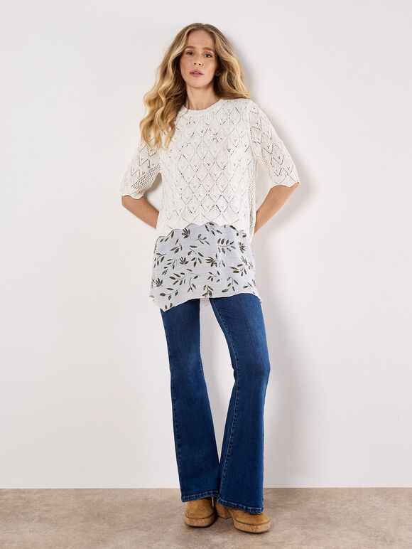 Pointelle Knit Layered Tunic Top, White, large