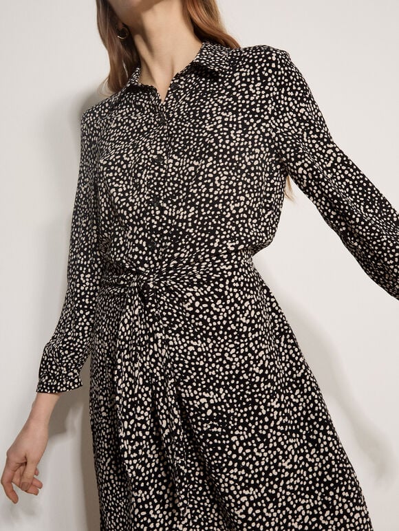 Irregular Spot Crepe Shirt Mini Dress, Black, large