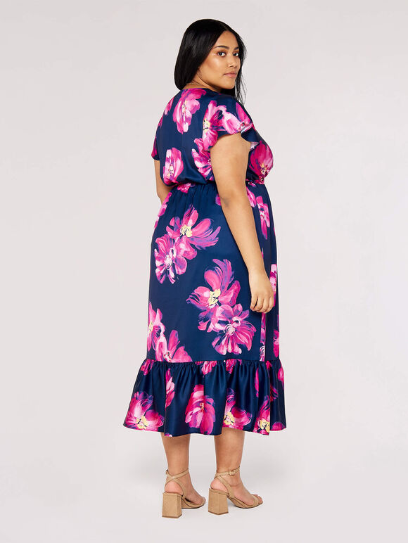 Curve Floral Wrap Midi Dress, Navy, large
