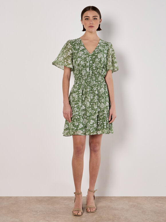 Watercolour Rose Tiered Mini Dress, Green, large