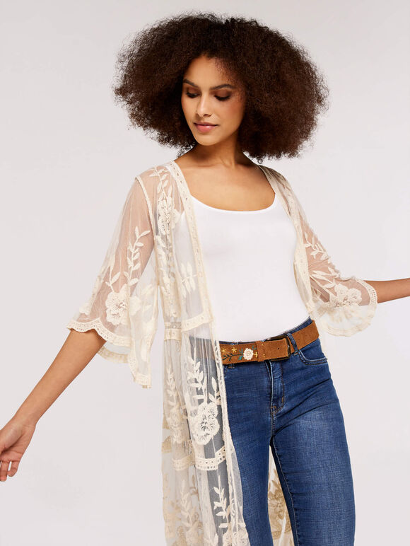 Embroidered Mesh Longline Kimono, Stone, large