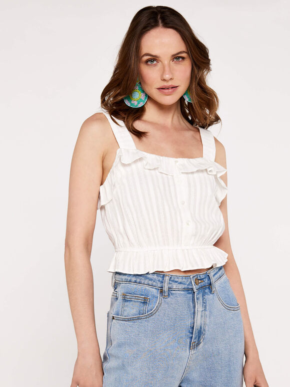 Stripe Ruffle Cotton Top, Cream, large
