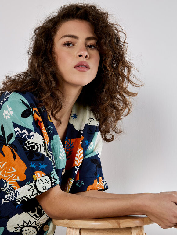 Colourful Sketch Print Top, Navy, large