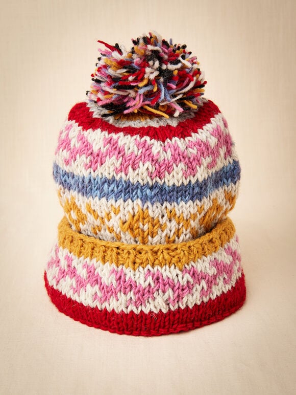 Hand Knit Colourful Stripe Beanie Hat, Assorted, large