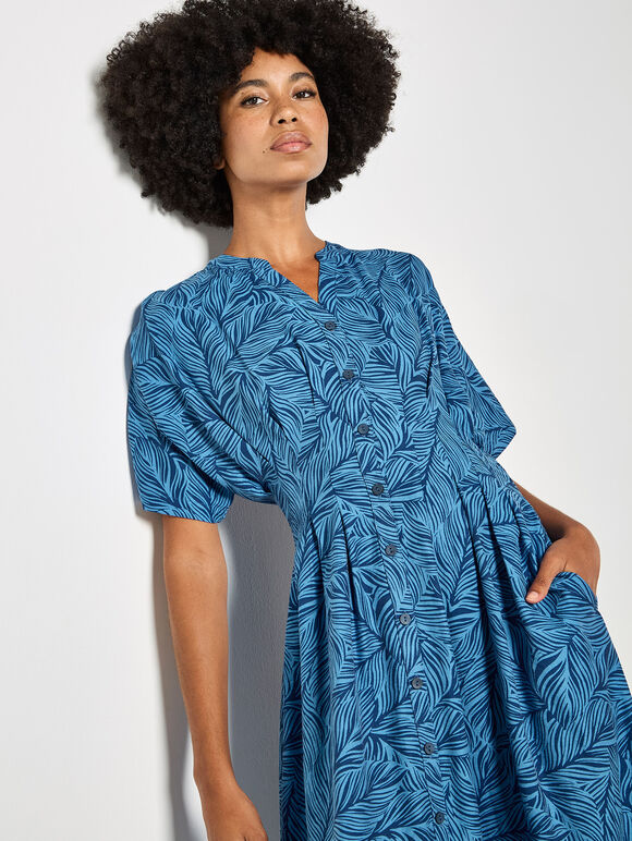 Leaf Print Shirt Midi Dress, Blue, large