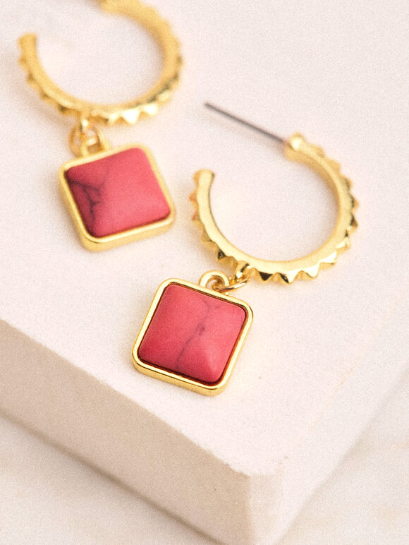 24K Gold Plated Teal Stone Hoop Earrings, Red, large