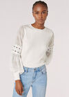 Contrast Crochet Sleeves Jumper, Cream, large