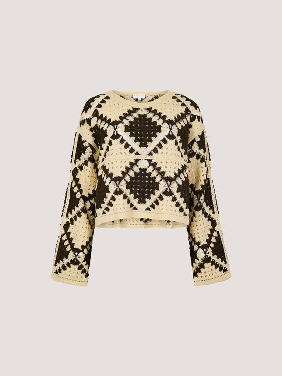 Crochet Diamonds Cropped Jumper, Stone, large