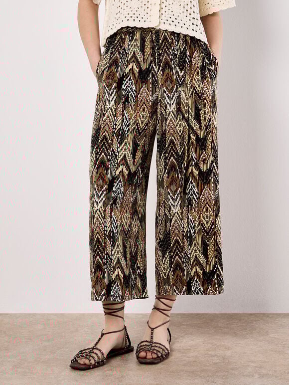 Chevron Print Culotte Trousers, Khaki, large