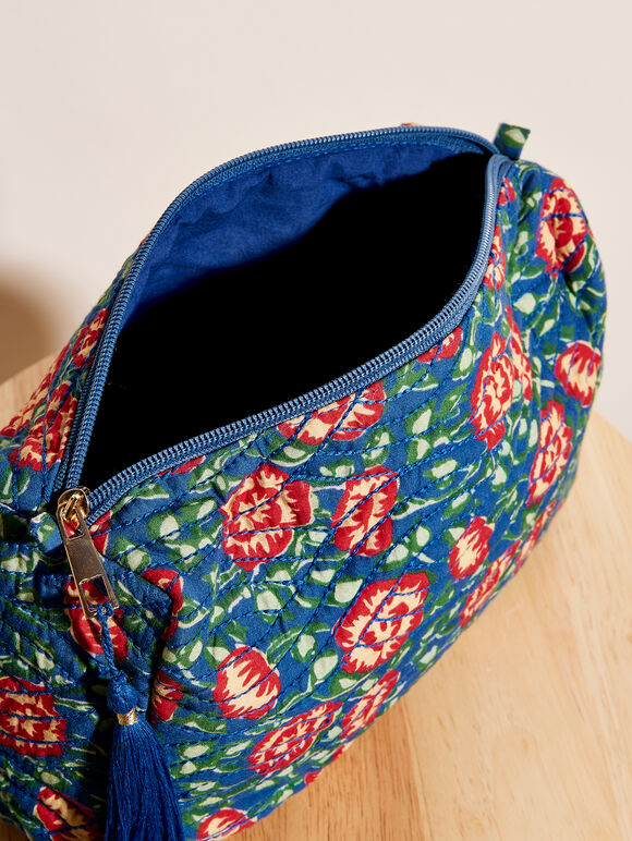 Floral Printed Quilted Zipped Pouch, Blue, large