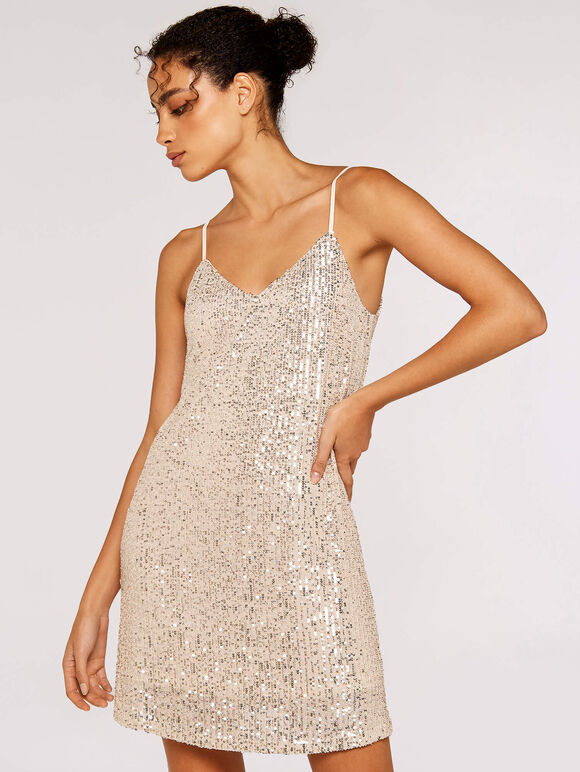 Sequin Cami Mini Dress, Stone, large