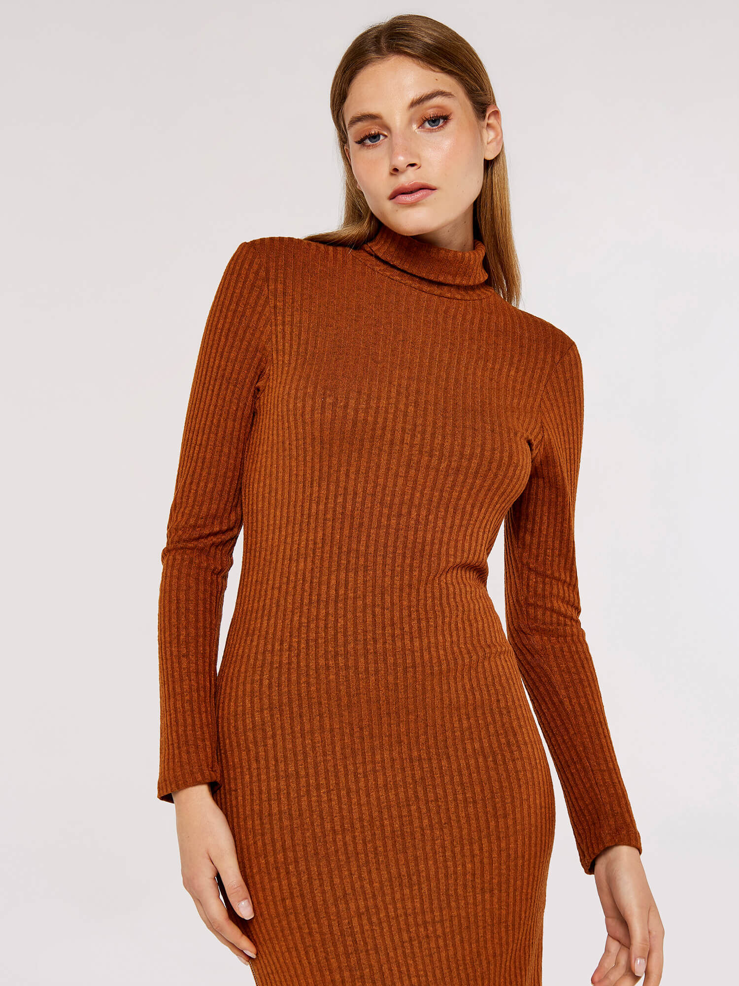 High Neck Midi Dress Apricot Clothing