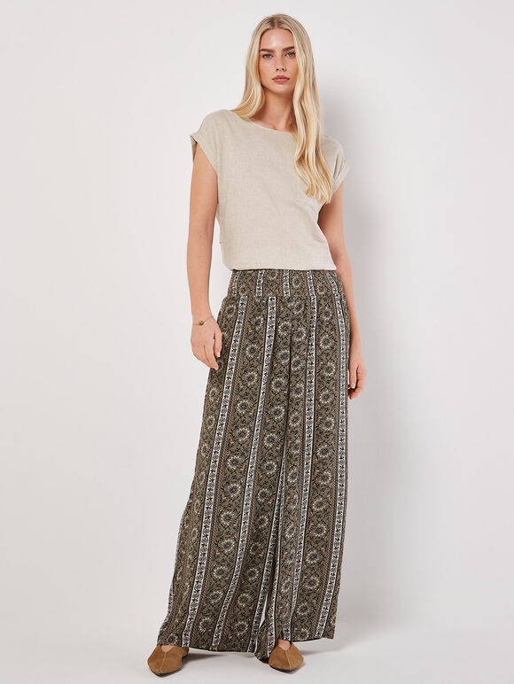 Floral Stripe Wide-Leg Woven Trousers, Khaki, large