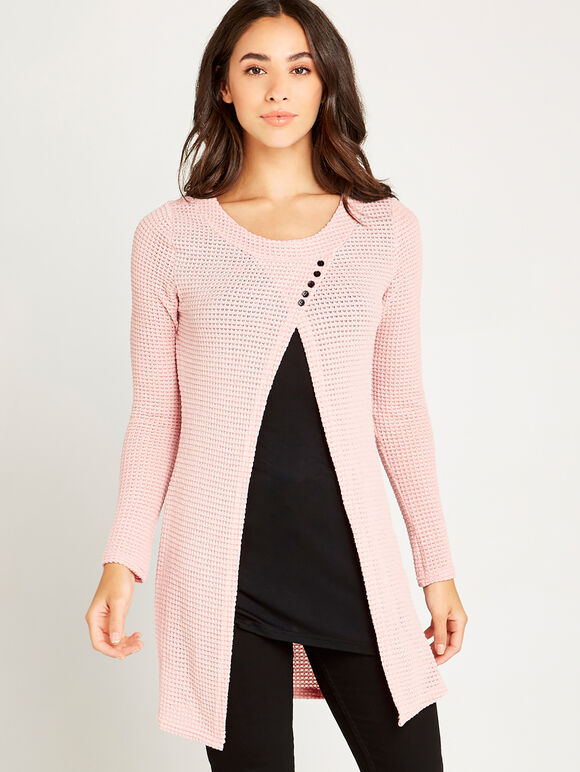Button Detail Waffle Top, Pink, large