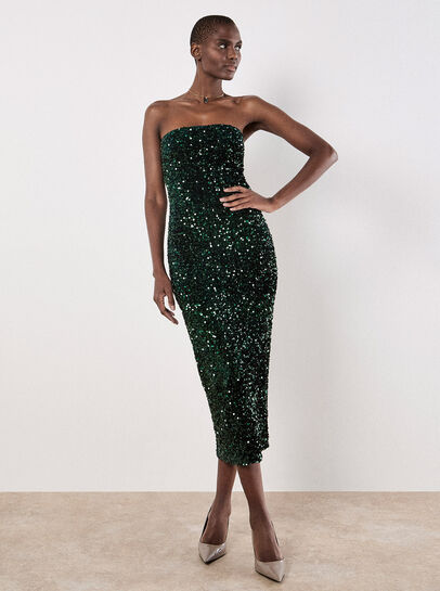 Sequin Bandeau Velvet Bodycon Midi Dress