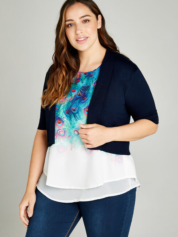 Button Sleeve Detail Knit Shrug +, Navy, large