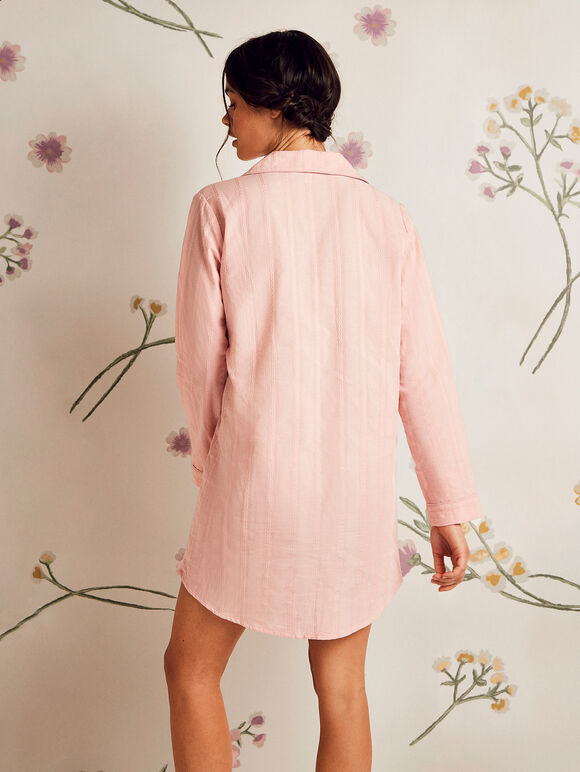 Embroidered Stripe Shirt Dress, Pink, large