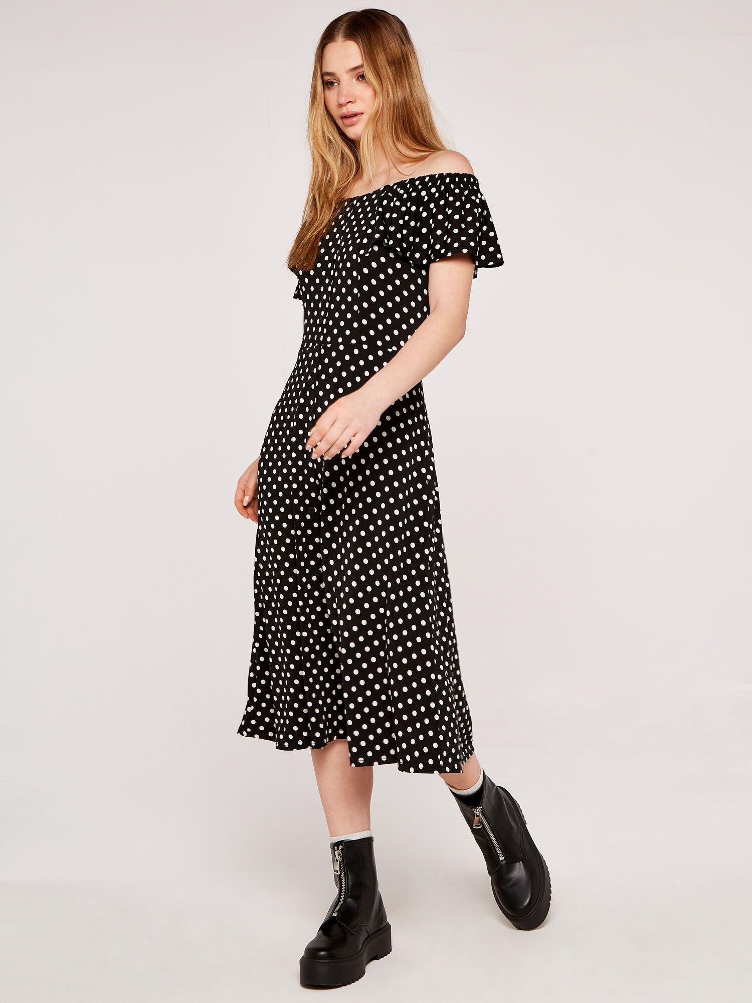 Spot Bardot Midi Dress Apricot Clothing