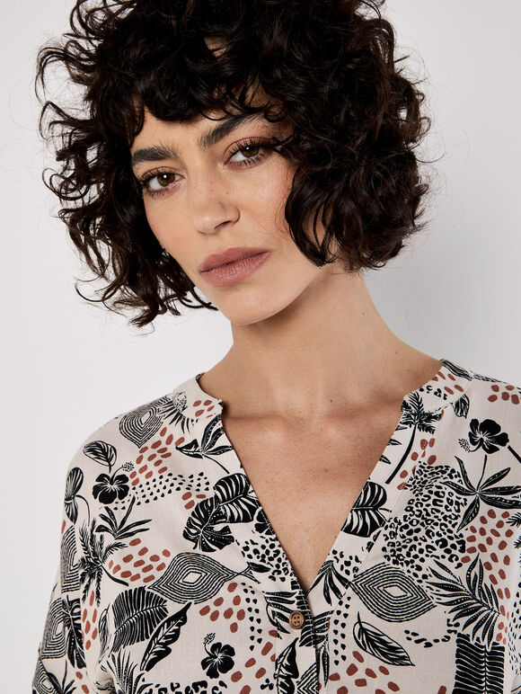 Tropical Print Linen Blend Mini Dress, Stone, large