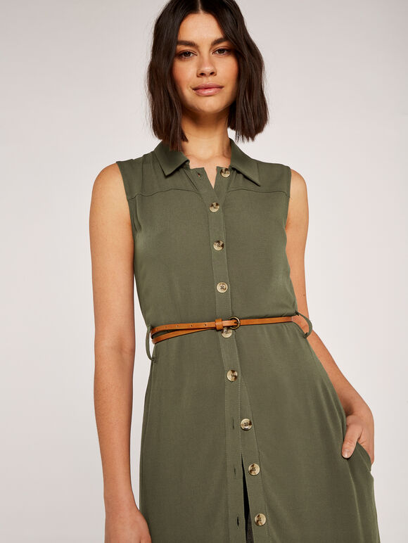 Utility Sleeveless Midi Shirt Dress, Khaki, large