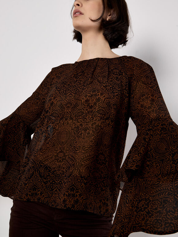 Paisley Print Ruffle Sleeve Blouse, Rust, large