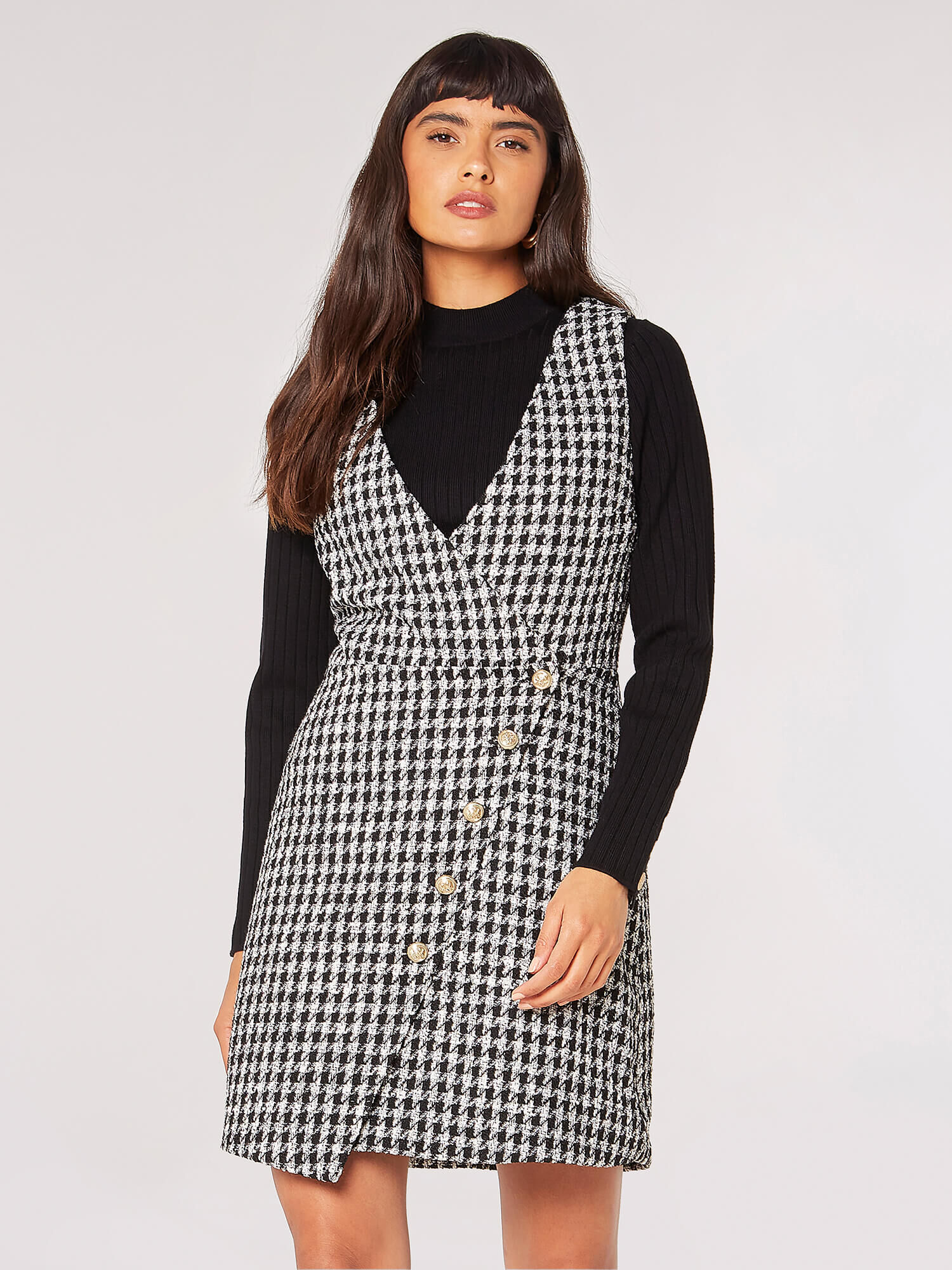 Dogtooth Pinafore Mini Dress Apricot Clothing