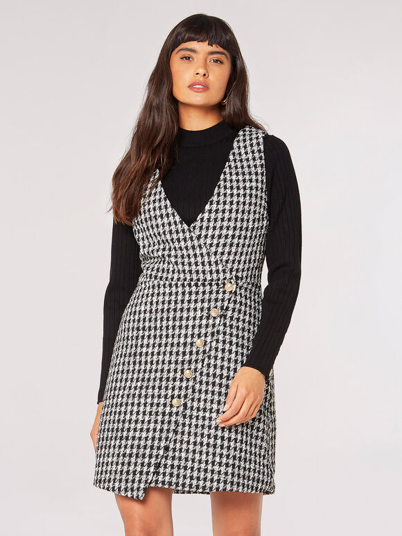 Dogtooth Pinafore Mini Dress, Black, large