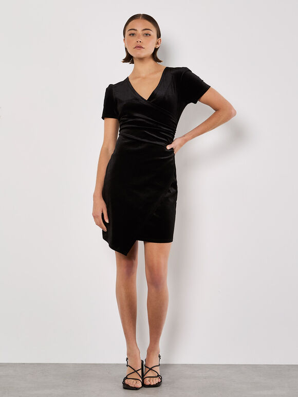 Velvet Ruched Bodycon Mini Dress, Black, large