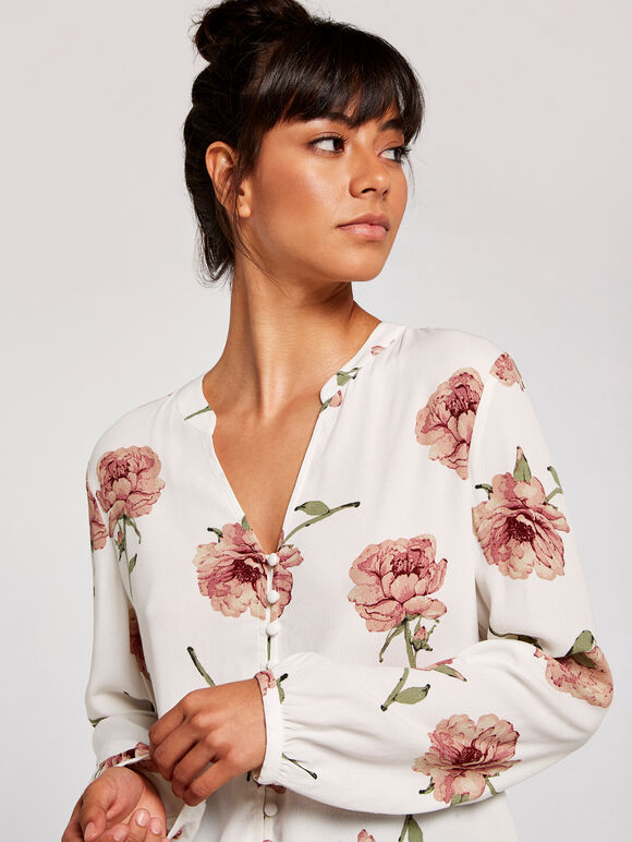 Peony Print Mandarin Collar Top, Cream, large