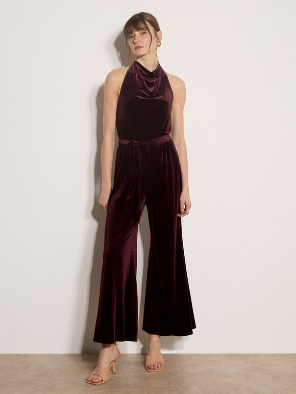Velvet Cowl Neck Jumpsuit, Burgundy, large