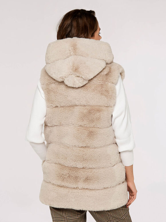 Tiered Fur Hooded Gilet, Stone, large
