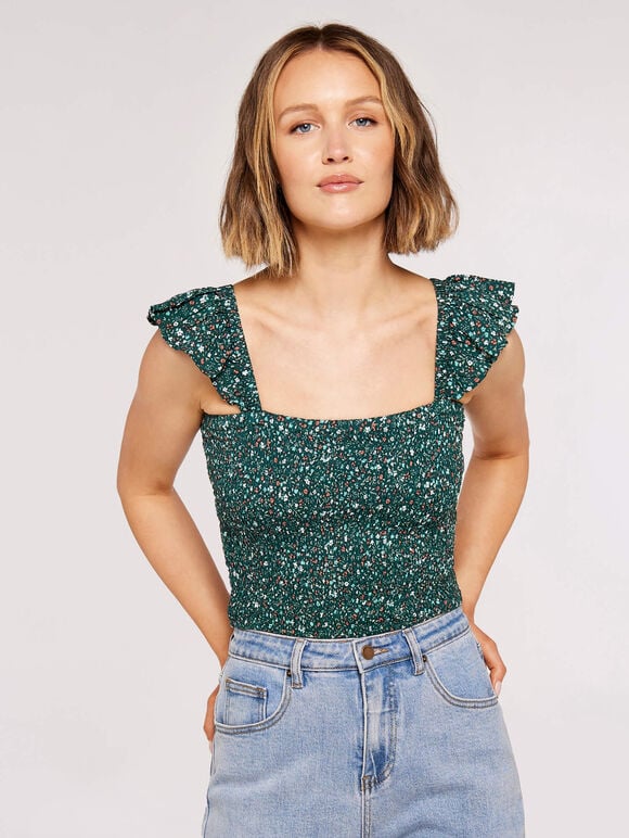 Ditsy Shirred Crop Top, Green, large