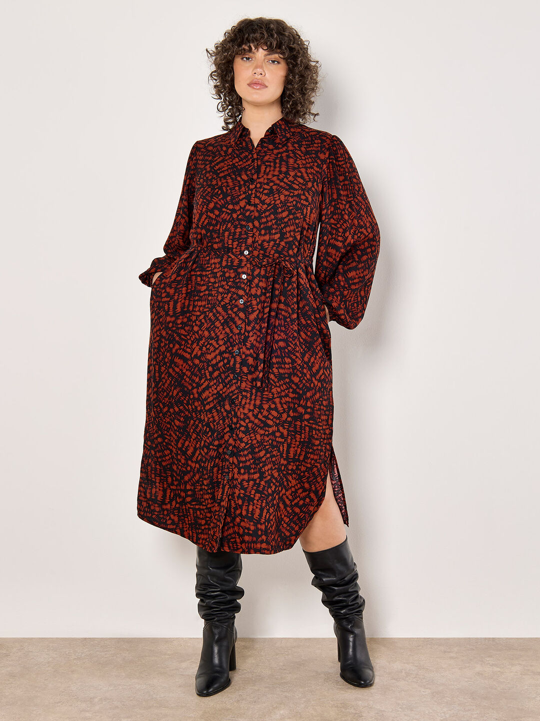 Image of Curve Abstract Texture Shirt Midi Dress