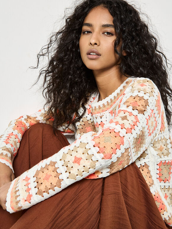 Pastel Crochet Squares Jumper, Coral, large