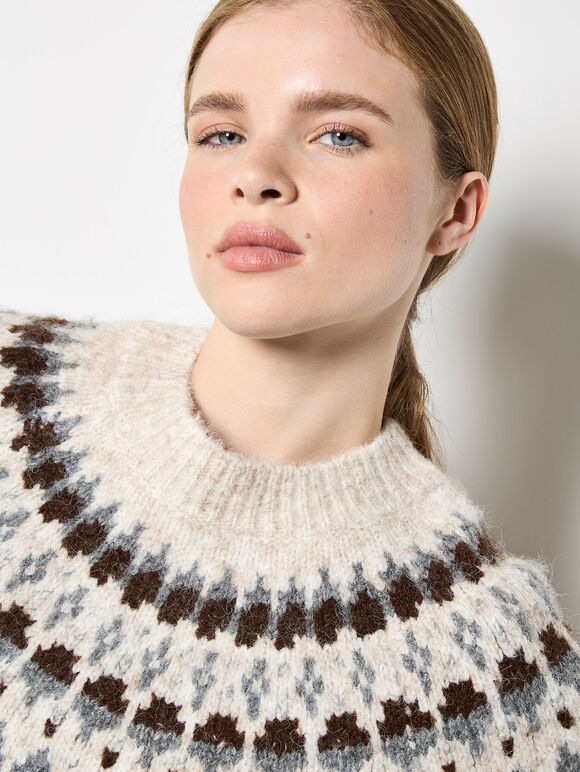 Fair Isle Fluffy Jumper, Stone, large