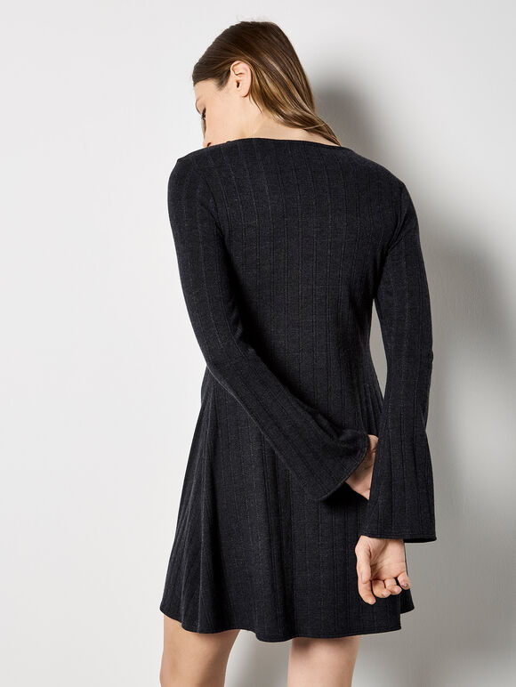 Pointelle Knit Jersey Swing Mini Dress, Black, large