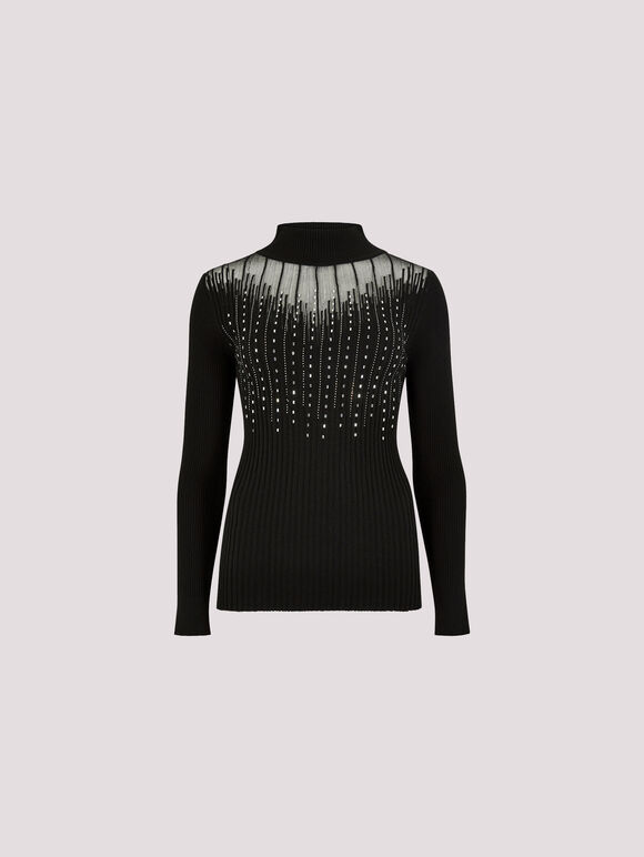 Gemstone Mesh Ribbed Jumper, Black, large