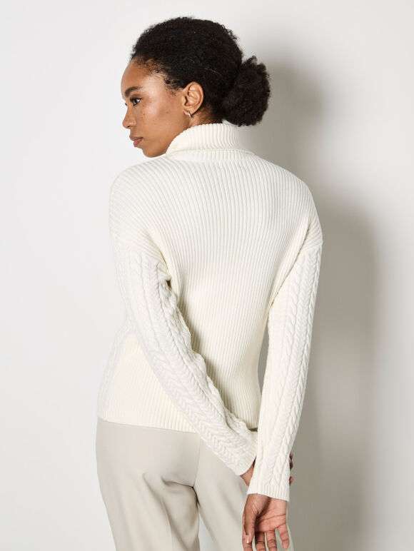 Turtle Neck Cable Front Jumper, Cream, large