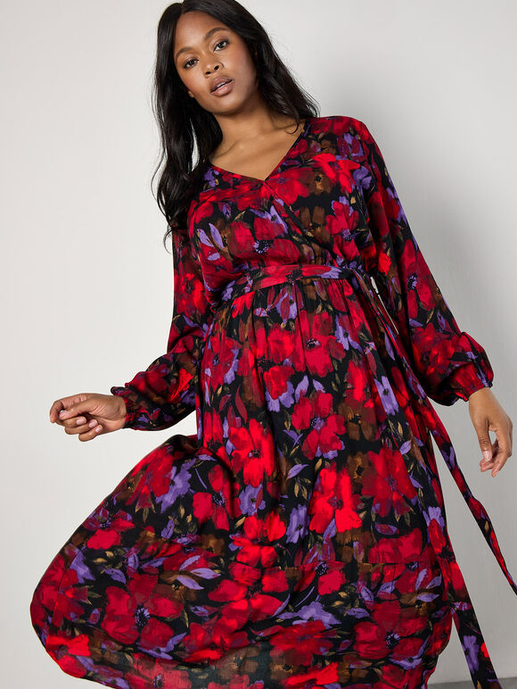 Curve Floral Wrap Midaxi Dress, Red, large