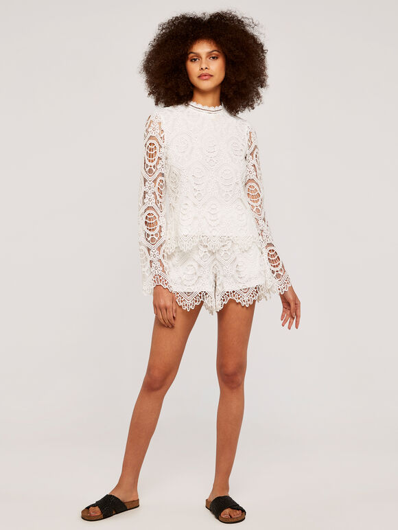 Lace Scallop Top & Shorts- White, , large