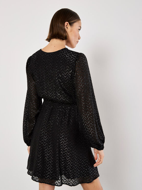Chevron Shimmer Wrap Mini Dress, Black, large