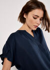 Ruffle Sleeve Woven T-Shirt, Navy, large