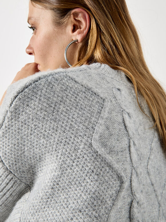 Cable Waffle Knit Oversized Jumper, Grey, large