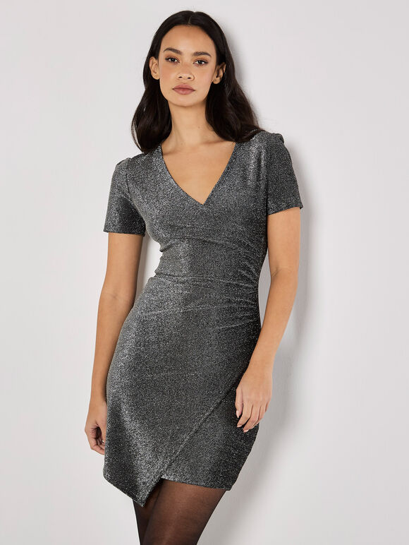 Metallic Bodycon Wrap Mini Dress, Light Grey / Silver, large