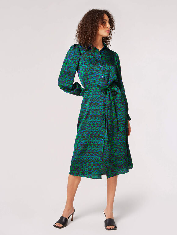 Geometric Satin Shirt Midi Dress, Blue, large