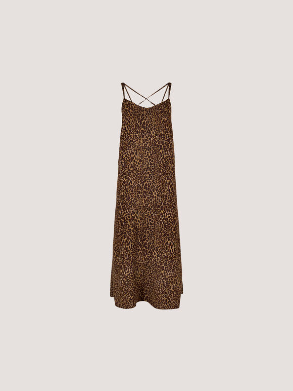 Animal Print Crepe Maxi Slip Dress, Brown, large