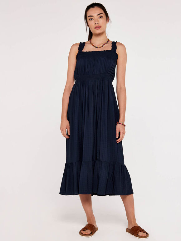 Check Smocked Midi Dress, Navy, large