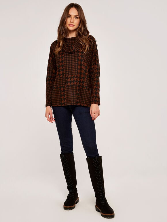Patchwork Dogtooth Cowl Neck Top, Rust, large