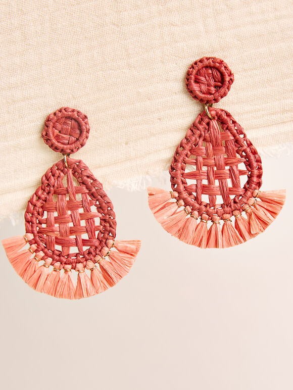 Raffia Oval Fan Earrings, Red, large